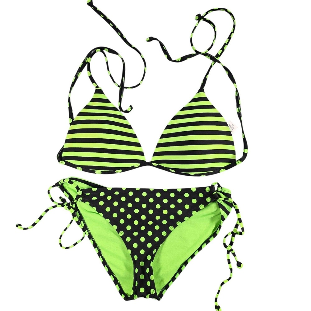String Bikini Y2K Swim Set Neon Green Black Womens Large Joe Boxer